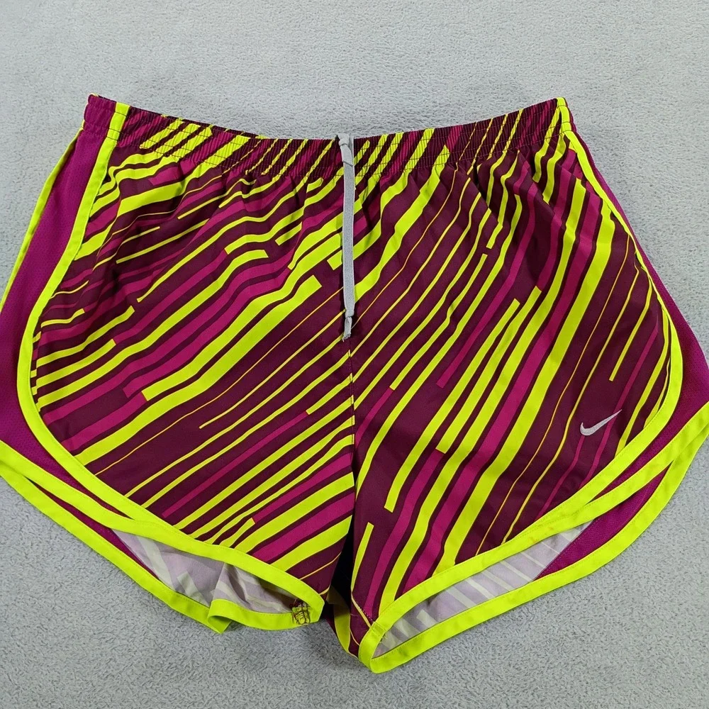 Nike Womens Tempo Running Shorts Berry Lime Medium Geometric Stripe Dri-FIT
